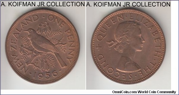 KM-24.2, 1956 New Zealand penny; bronze, plain edge; Elizabeth II, shoulder strap variety, nice red brown uncirculated.