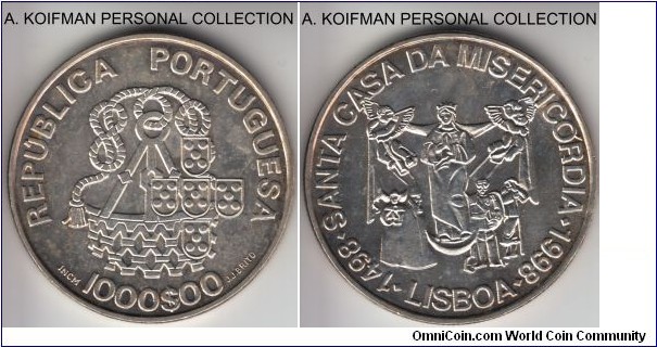 KM-708, 1998 Portugal 1000 escudos; silver, reeded edge; La Casa Misericordia - 500'th anniversary commemorative, average uncirculated or about, some toning in places.