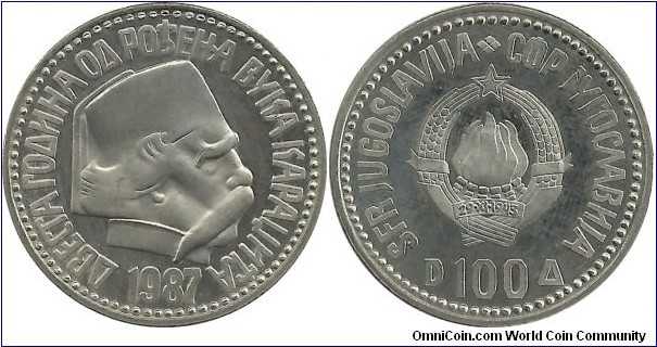 Yugoslavia 100 Dinara 1987-200th Ann, Birth of Karajich