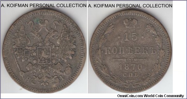 Y#21a.2, 1870 Russia (Empire) 15 kopeks; silver, reeded edge; dark toned fine or better.