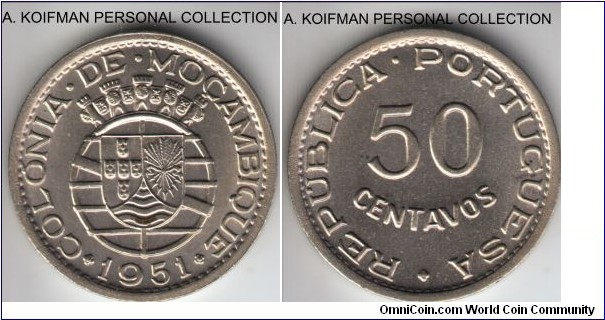 KM-76, 1951 Portuguese Mozambique (Colony) 50 centavos; nickel-bronze, plain edge; bright uncirculated, scarcer 2 year type in general despite large mintages.