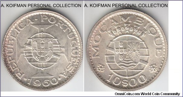 KM-79, 1960 Portuguese Mozambique (Colony) 10 escudos; silver, reeded edge; nice uncirculated, some peripheral toning.