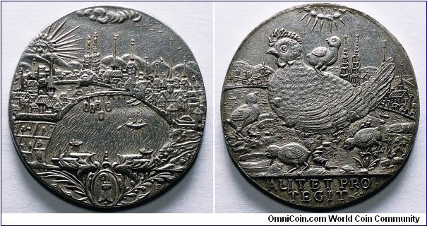Swiss Canton, Basel, 17th Century, City View / hen with 4 chicks , Alitet Pro Tegit, approx 41 mm, approximately 22.21 grams, later casting (ca. early 20 century) of extremely rare medallion, no comparison pieces found.