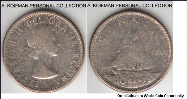 KM-51, 1963 Canada 10 cents; silver, reeded edge; proof like, about uncirculated, customarily heavily toned.