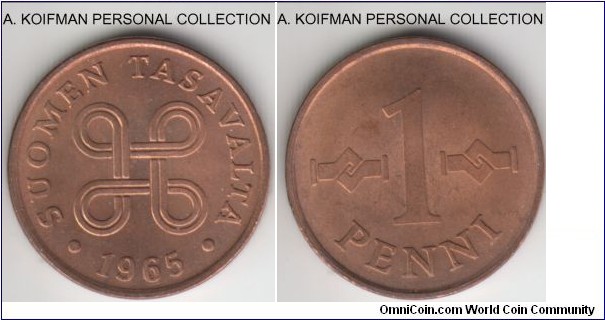 KM-44, 1965 Finland penni; copper, plain edge; bright red uncirculated.