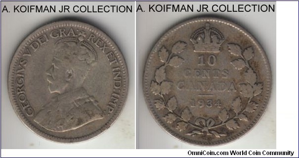 KM-23a, 1934 Canada 10 cents; silver, reeded edge, George V, late year with scarcer mintage, well circulated about fine.