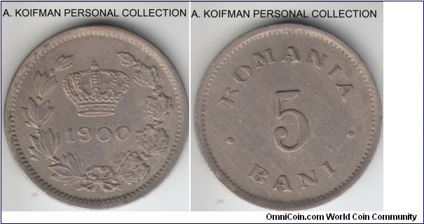 KM-28, 1900 Romania 5 bani; copper-nickel, plain edge; good very fine to extra fine.