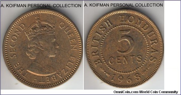 KM-31, 1968 British Honduras 5 cents; nickel-brass, plain edge; toned uncirculated.