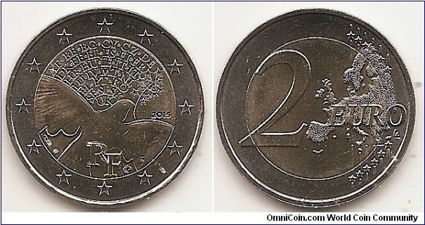 2 Euro
KM#2256
8.5000 g., Bi-Metallic Nickel-Brass center in Copper-Nickel ring, 25.75 mm. Subject : 70 Years of Peace in Europe Obv: In the coin’s central field is a modern graphic representation of a dove. It is carrying an olive branch, the symbol of peace, whose branches have been replaced by the 12 stars of the European flag. The 28 countries of the European Union are represented by the ISO code for each country. The letters RF (République Française) are at the bottom of the coin. The mint marks are on the left-hand side and the year 2015 on the right. The coin's outer ring shows the 12 stars of the European Union on a background of concentric circular lines. Rev: 2 on the left-hand side, six straight lines run vertically between the lower and upper right-hand side of the face, 12 stars are superimposed on these lines, one just before the two ends of each line, superimposed on the mid - and upper section of these lines; the European continent ( extended ) is represented on the right-hand side of the face; the right-hand part of the representation is superimposed on the mid-section of the lines; the word ‘EURO’ is superimposed horizontally across the middle of the right-hand side of the face. Under the ‘O’ of EURO, the initials ‘LL’ of the engraver appear near the right-hand edge of the coin. Edge: Reeded with 2 * *, repeated six times, alternately upright and inverted. Obv. designer: Ateliers des Gravures Rev. designer: Luc Luycx