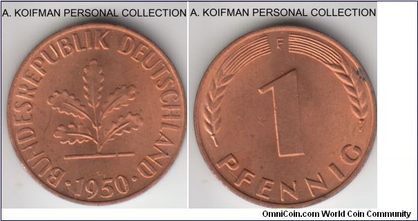 KM-105, 1950 Germany (Federal Republic) pfennig, Stuttgart mint (F mint mark); copper plated steel, plain edge; red uncirculated.