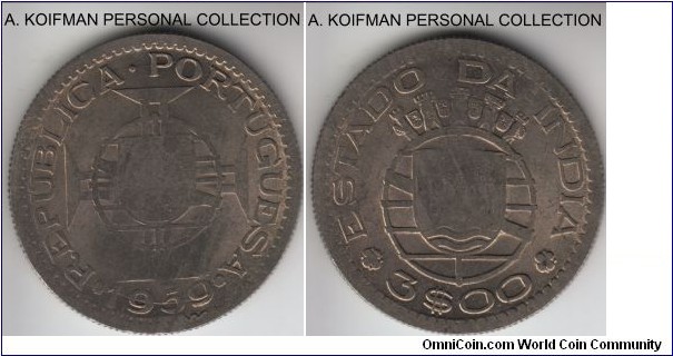 KM-34, 1959 Portuguese India 3 escudos; copper-nickel, reeded edge; bank cancelled (according to the seller), I guess he mean they were put under the press or something similar, the edge which has no wear show structural deformation along the full length, maybe from the press.