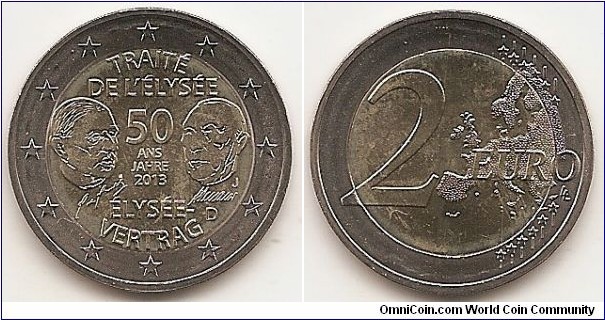 2 Euro
KM#315
8.5000 g., Bi-Metallic Nickel-Brass center in Copper-Nickel ring, 25.75 mm. Subject : 50 Years of Franco-German Friendship (Élysée Treaty) Obv: The coin, which was designed by Yves Sampo of the Monnaie de Paris, Stefanie Lindner of the Berlin State Mint, Alina Hoyer (Berlin) and Sneschana Russewa-Hoyer (Berlin), depicts stylised portraits of the Élysée Treaty's signatories (the then-Chancellor of the Federal Republic of Germany Konrad Adenauer and the former President of the French Republic Charles de Gaulle), their signatures and the words 