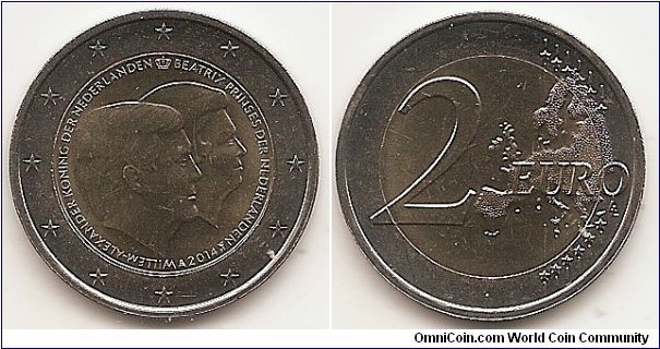 2 Euro
KM#356
8.5000 g., Bi-Metallic Nickel-Brass center in Copper-Nickel ring, 25.75 mm. Subject : King Willem-Alexander and Princess Beatrix Obv: The inner part of the coin depicts the effigies of both the King Willem-Alexander and the former Queen Beatrix. At the left, in semi-circle, the inscription ‘WILLEM-ALEXANDER KONING DER NEDERLANDEN’ and at the right, in semi-circle, the inscription ‘BEATRIX PRINSES DER NEDERLANDEN’. Between the two inscriptions, at the top, the crown symbol and at the bottom the mint master mark, the mint mark and in between the year of issuance ‘2014’. The coin's outer ring shows the 12 stars of the European Union on a background of concentric circular lines. Rev: 2 on the left-hand side, six straight lines run vertically between the lower and upper right-hand side of the face, 12 stars are superimposed on these lines, one just before the two ends of each line, superimposed on the mid - and upper section of these lines; the European continent ( extended ) is represented on the right-hand side of the face; the right-hand part of the representation is superimposed on the mid-section of the lines; the word ‘EURO’ is superimposed horizontally across the middle of the right-hand side of the face. Under the ‘O’ of EURO, the initials ‘LL’ of the engraver appear near the right-hand edge of the coin. Edge: Reeded with inscription GOD * ZIJ * MET * ONS *. Rev. designer: Luc Luycx