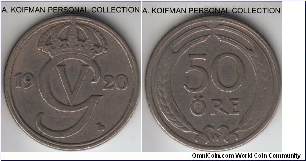KM-796, 1920 Sweden 50 ore; nickel-bronze, reeded edge; fine to very fine, seems to be an oval 0 variety.
