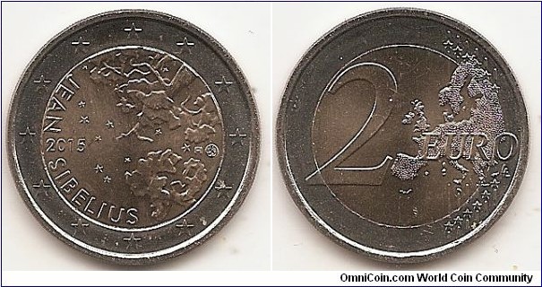 2 Euro
KM#233
8.5000 g., Bi-Metallic Nickel-Brass center in Copper-Nickel ring, 25.75 mm. Subject : 150 Years since the Birth of Jean Sibelius Obv: At the inner part of the coin is sky with stars, tree tops at the right. The text ‘JEAN SIBELIUS’ and the year of issuance ‘2015’ are placed at the left inner part of the coin. At the right is the indication of the issuing country ‘FI’ and the mint mark. The coin's outer ring shows the 12 stars of the European Union on a background of concentric circular lines. Rev: 2 on the left-hand side, six straight lines run vertically between the lower and upper right-hand side of the face, 12 stars are superimposed on these lines, one just before the two ends of each line, superimposed on the mid - and upper section of these lines; the European continent ( extended ) is represented on the right-hand side of the face; the right-hand part of the representation is superimposed on the mid-section of the lines; the word ‘EURO’ is superimposed horizontally across the middle of the right-hand side of the face. Under the ‘O’ of EURO, the initials ‘LL’ of the engraver appear near the right-hand edge of the coin. Edge: Reeded with inscription SUOMI FINLAND followed by three lion heads. Obv. designer: Nora Tapper Rev. designer: Luc Luycx