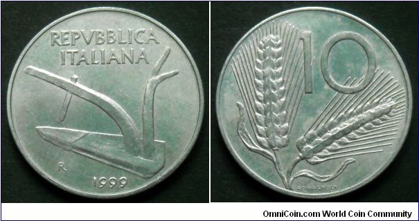 Italy 10 lire.
1999, Al. Weight; 1,6g.
Diameter; 23,25mm.
Mint Rome. Mintage: 1.500.000 pieces.