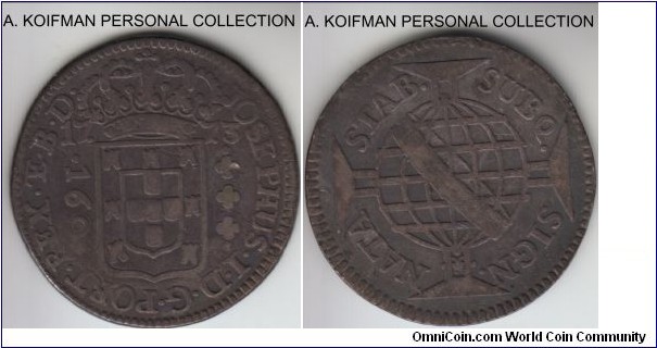KM-191.2, 1773 Brazil (Colony) 160reis; silver, laurel corded edge; good fine plus, dark original toning, a scarce 4 year issue, mintage 101,000.
