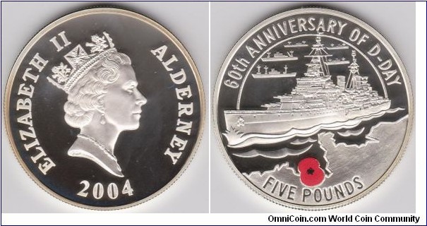 2004 D-Day 60th Anniversary Elizabeth II, Alderney Silver Proof Five Pounds