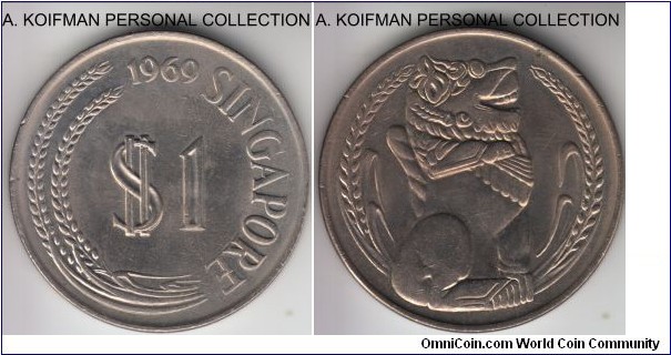 KM-6, 1969 Singapore dollar; copper-nickel, reeded edge; about uncirculated or better, few very minor rim impacts can be seen.