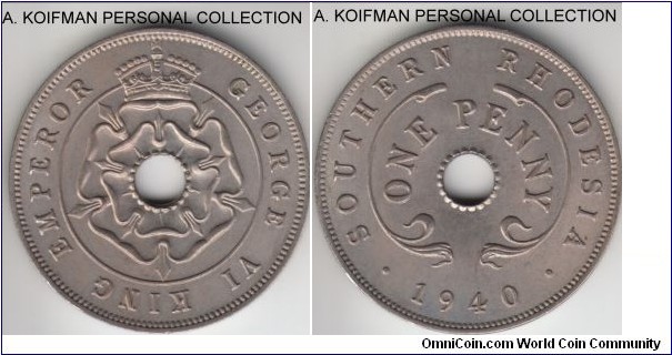 KM-8, 1940 Southern Rhodesia penny; copper-nickel, plain edge; average uncirculated, nice luster.