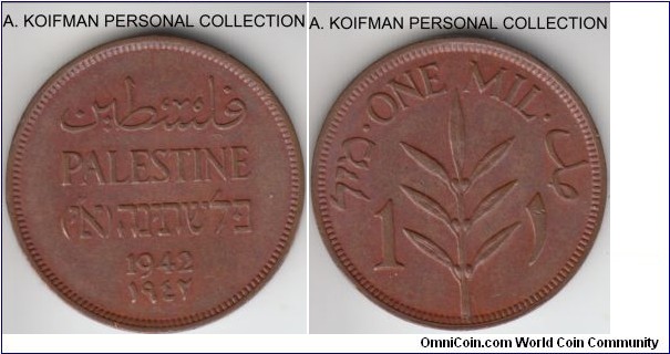 KM-1, 1942 Palestine mil; bronze, plain edge; brown extra fine or about.