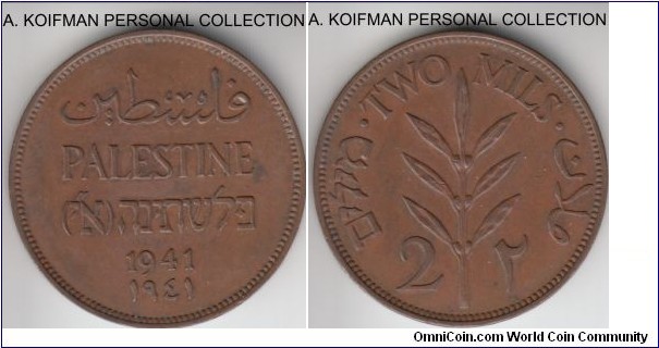 KM-2, 1941 Palestine 2 mils; bronze, plain edge; brown extra fine or about.