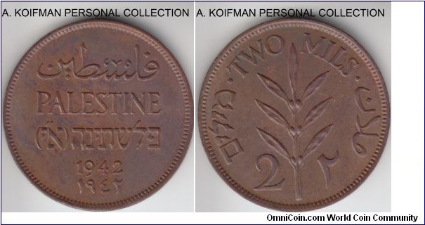 KM-2, 1942 Palestine 2 mils; bronze, plain edge; brown extra fine or better.
