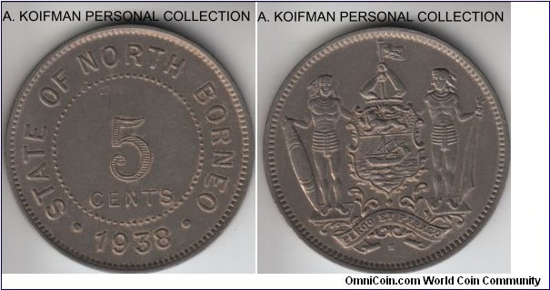 KM-5, 1938 British North Borneo 5 cents, Heaton mint (H mint mark); copper-nickel, plain edge; about uncirculated.