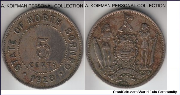KM-5, 1928 British North Borneo 5 cents, Heaton MInt (H mint mark); copper-nickel, plain edge; very fine, dirty.