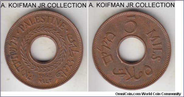 KM-3a, 1942 Palestine 5 mils; bronze, plain edge, holed flan; British mandate issue, brown about uncirculated toned and a small rim bump.