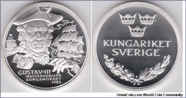 Sweden Sovereigns Medal Series History King Gustav III 1792 Silver in proof , Weight 20 grams, Diameter of 38.61 mm 