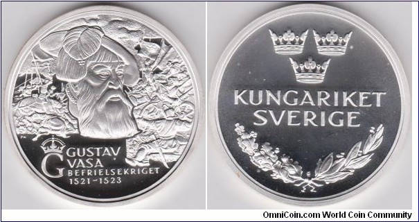 Sweden Sovereigns Medal Series History King Gustav Vasa 1521-1523 Silver in proof , Weight 20 grams, Diameter of 38.61 mm