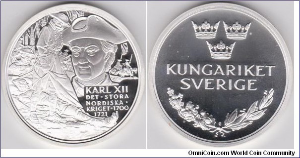 Sweden Sovereigns Medal Series History King Karl XII 1700-1721 Silver in proof , Weight 20 grams, Diameter of 38.61 mm