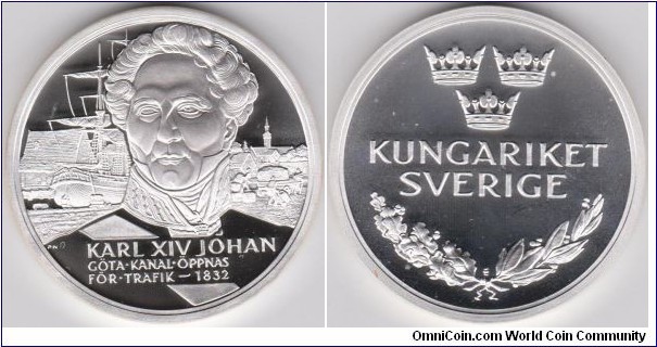 Sweden Sovereigns Medal Series History King Karl XIV Johan 1832 Silver in proof , Weight 20 grams, Diameter of 38.61 mm