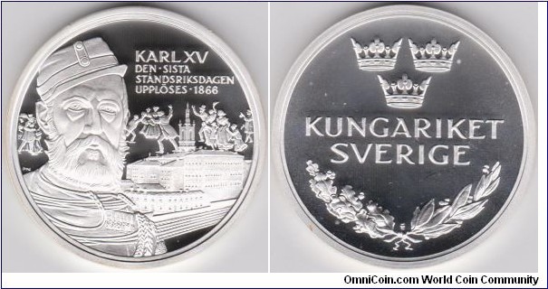 Sweden Sovereigns Medal Series History King Karl XV 1866 Silver in proof , Weight 20 grams, Diameter of 38.61 mm