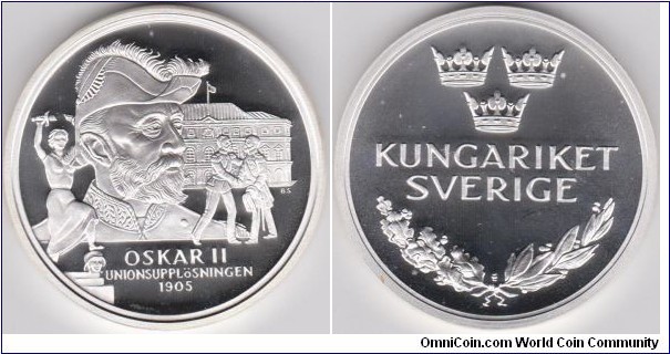 Sweden Sovereigns Medal Series History King Oscar II 1905 Silver in proof , Weight 20 grams, Diameter of 38.61 mm 