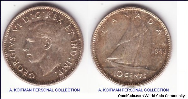 KM-34, 1943 Canada 10 cents; silver, reeded edge; extra fine or about.