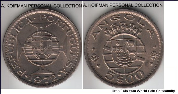 KM-81, 1972 Portuguese Angola 5 escudos; copper-nickel, reeded edge; nice uncirculated, a tiny spot on reverse at 5, not clear why the issue has such a high valuation in Krause since the mintage was very large and they are available in abundance.