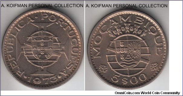 KM-86, 1973 Portuguese Mozambique (Overseas province) 5 escudos; copper-nickel, reeded edge; pleasant uncirculated.