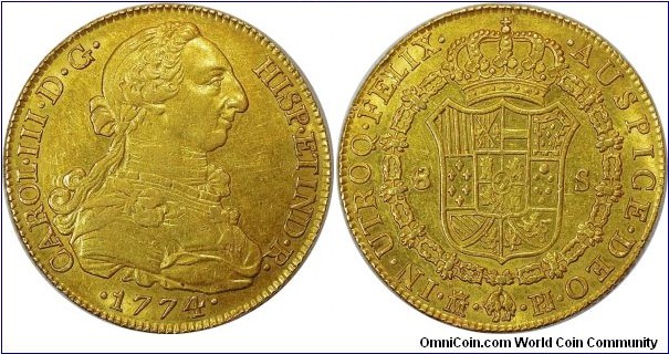 Charles III, 8 Escudos, 1774/3. 27.12g, 36.42mm, 87.5% Gold. Wide and regular planchet. Madrid mint. Assayer: P.J. Unlisted date in KM. Cy# 12852. Good very fine/extremely fine. Scarce date.