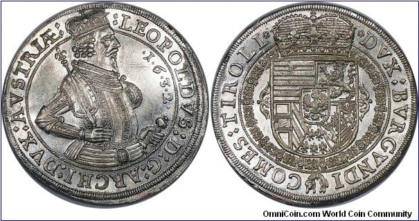 Leopoldo Archiduque, Taler, 1632. Silver. Hall Mint. Dav# 3338; KM# 629.4. Brilliant uncirculated. Splendid example. 