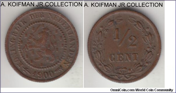 KM-109, 1900 Netherlands 1/2 cent; bronze, reeded edge; Wilhelmina I, brown sharp extra fine or so.