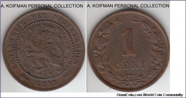 KM-107, 1897 Netherlands cent; bronze, reeded edge; brown very fine or about, key date of the series.