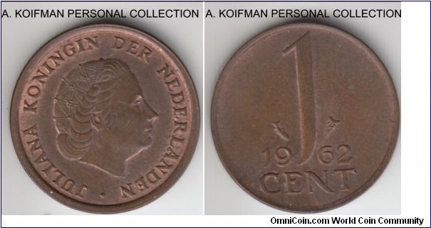 KM-180, 1965 Netherlands cent; bronze, plain edge; brown average uncirculated.
