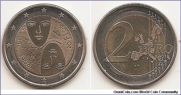 2 Euro
KM#125
8.5000 g., Bi-Metallic Nickel-Brass center in Copper-Nickel ring, 25.75 mm. Subject: 1st Centenary of the Introduction of Universal and Equal Suffrage. Obv: The coin shows two stylised faces in the centre part, one male and the other female; they are separated by a thin curved line. Two capital 