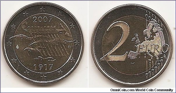 2 Euro
KM#139
8.5000 g., Bi-Metallic Nickel-Brass center in Copper-Nickel ring, 25.75 mm. Subject: 90th Anniversary of Finland's Independence. Obv: The centre part of the coin shows nine people rowing a boat with long oars. The year mark 2007 and the year 1917 (when Finland became independent) appear on the top and the bottom of the design respectively. The mint mark appears on the left side, and the inscription FI on the right side. The twelve stars of the European Union surround the design on the outer ring of the coin. Rev: 2 on the left-hand side, six straight lines run vertically between the lower and upper right-hand side of the face, 12 stars are superimposed on these lines, one just before the two ends of each line, superimposed on the mid - and upper section of these lines; the European continent ( extended ) is represented on the right-hand side of the face; the right-hand part of the representation is superimposed on the mid-section of the lines; the word ‘EURO’ is superimposed horizontally across the middle of the right-hand side of the face. Under the ‘O’ of EURO, the initials ‘LL’ of the engraver appear near the right-hand edge of the coin. Edge: Reeded with SUOMI FINLAND * * * (the * stands for a lion's head). Obv. designer: Reijo Juhani Paavilainen Rev. designer: Luc Luycx