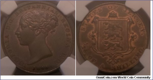 KM-2, 1844 Jersey 1/26'th of a shilling; copper, plain edge; NGC graded 64 BN, finest graded by NGC and PCGS in BN, one more graded 64 RB by NGC.