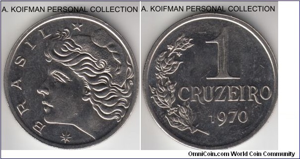 KM-581, 1970 Brazil cruzeiro; nickel, reeded edge; average uncirculated or almost.