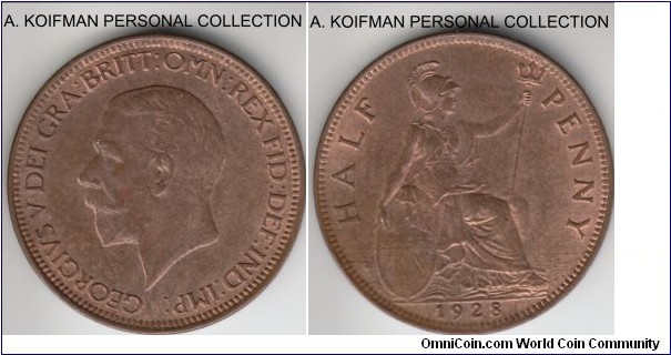 KM-837, 1928 Great Britain 1/2 penny; bronze, plain edge; red brown, but mostly brown uncirculated.