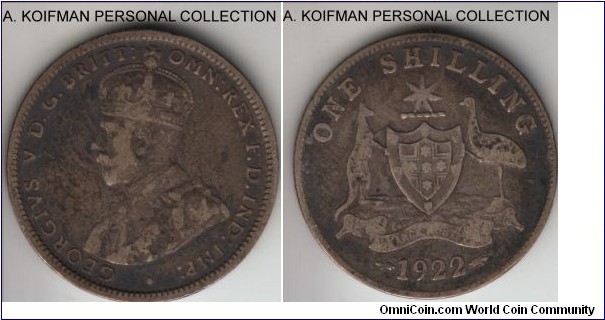KM-26, 1922 Australia shilling, Melbourne mint; silver, reeded edge; fine or about.